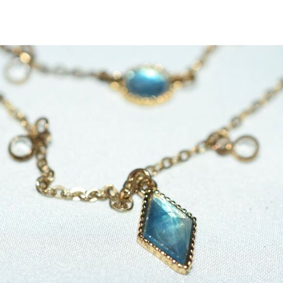 Vintage Layered Blue Beveled /Clear Crystal Accents Gold Tone Link 24" Necklace - Picture 3 of 4